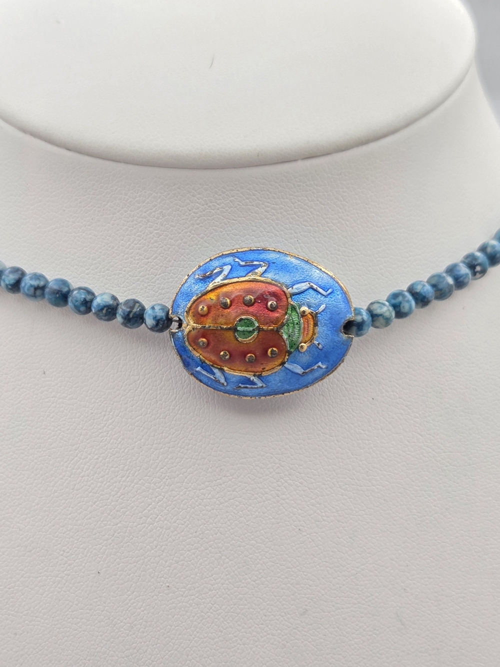 Vintage Enamel Ladybug Focal Bead Necklace Blue Stone Choker 15"